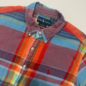 Ralph Lauren Button Down Shirt Mens L Multicolor Plaid Excellent Short Sleeve